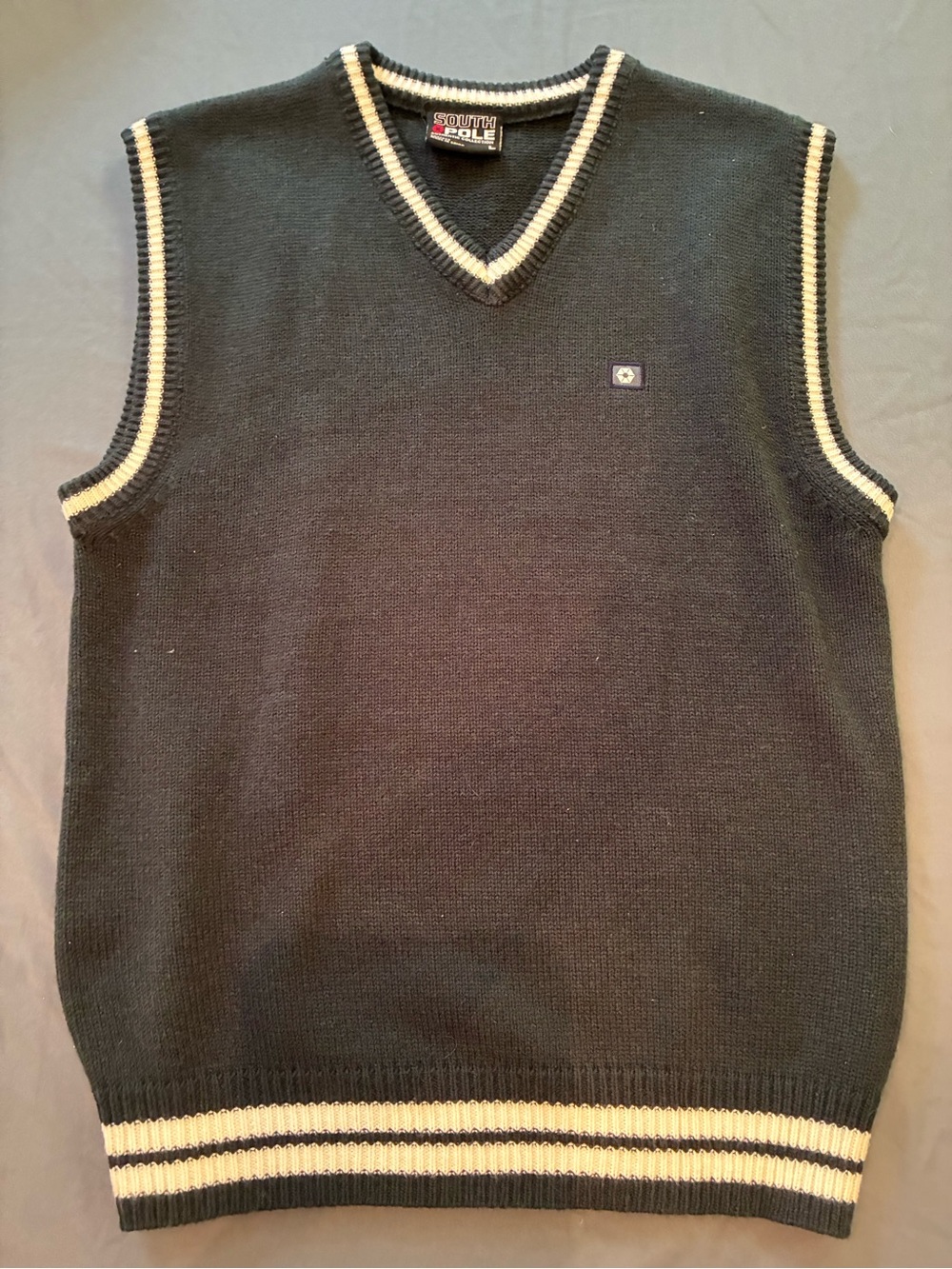 VTG South Pole Black V-Neck Sweater Vest with Cream Trim Streetwear Prep Size L